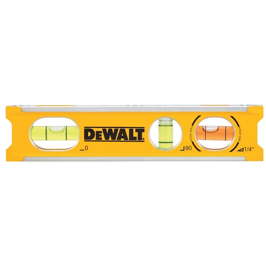 Yellow DEWALT spirit level with three vials for level, plumb, and pitch, shown from front view.