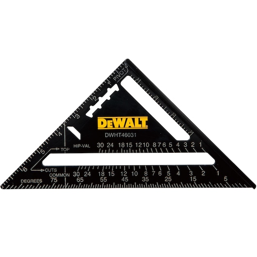DEWALT DWHT46031-0 black triangular carpenter's square with measurement markings.