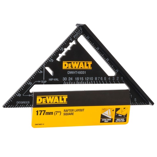DEWALT 177mm rafter layout square DWHT46031-0 with yellow label and extra thick body for wide base grip.