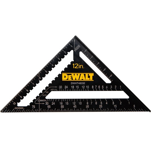 DEWALT 12-inch black triangular carpenter's square with measurement markings and cut guides.