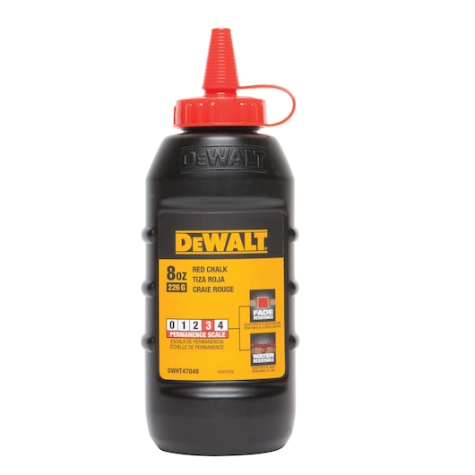 DEWALT 8oz red chalk bottle with yellow label and red cap, used for marking lines in construction.