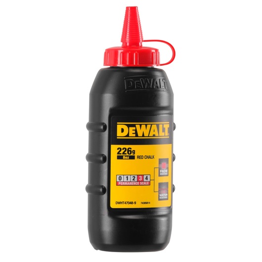 DEWALT 226g red chalk bottle with yellow label and red cap, used for construction marking.