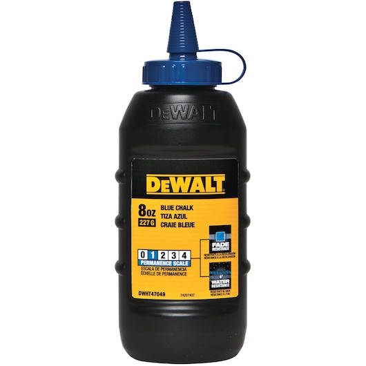 DEWALT 8oz blue chalk bottle with blue nozzle for marking lines, labeled with permanence and water resistance.