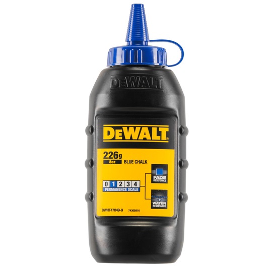 DEWALT 226g blue chalk bottle with nozzle, yellow label, fade and water resistance info.