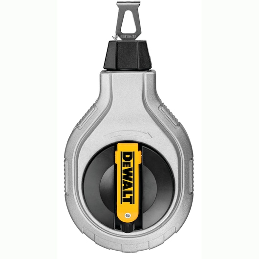DEWALT chalk line reel in gray and black with yellow label, used for marking straight lines.
