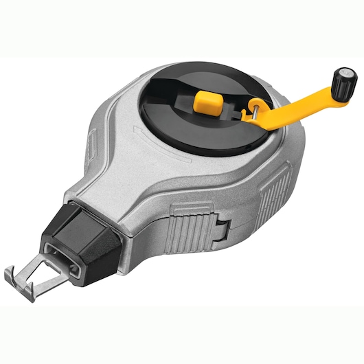 DEWALT chalk line reel with yellow crank, silver body, used for marking straight lines in construction.