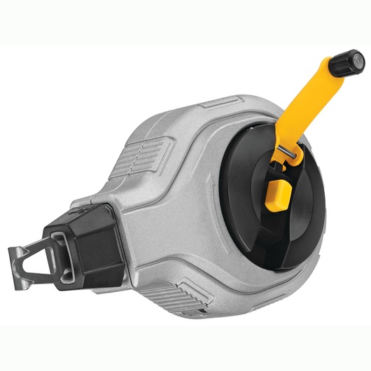 DEWALT chalk reel with silver casing and yellow handle for marking straight lines.