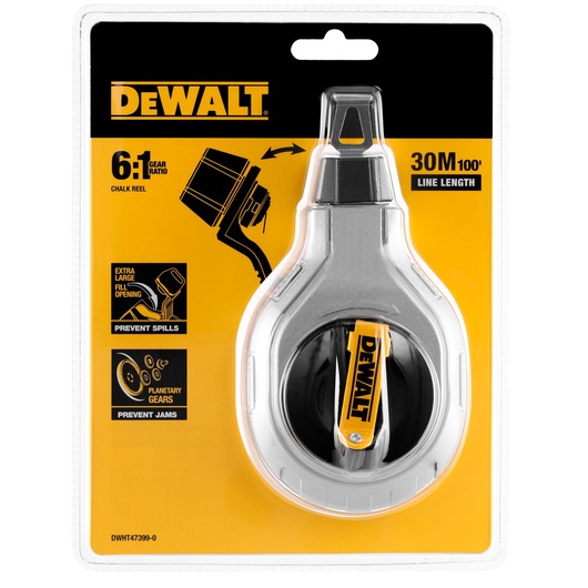DEWALT chalk reel DWHT47399-0 in packaging, 30m line, gear ratio 6:1, yellow and black design.
