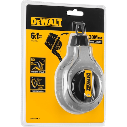 DEWALT DWHT47399-0 chalk reel in blister packaging, yellow and black, 30 meter line, gear ratio details shown.