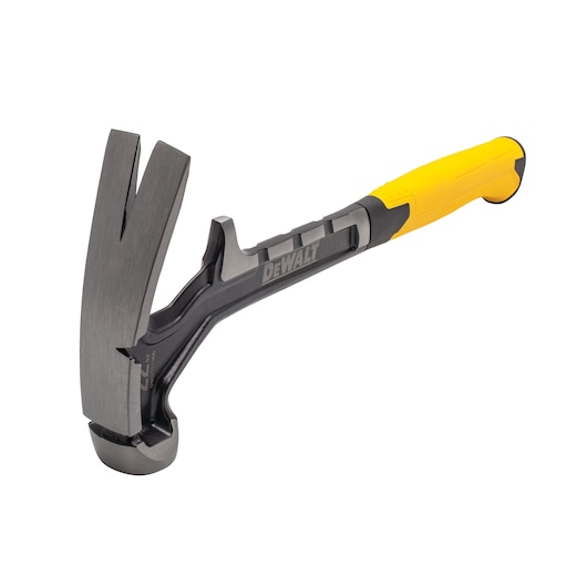 DEWALT claw hammer with a yellow and black handle, angled head, and metal shaft shown on a white background.