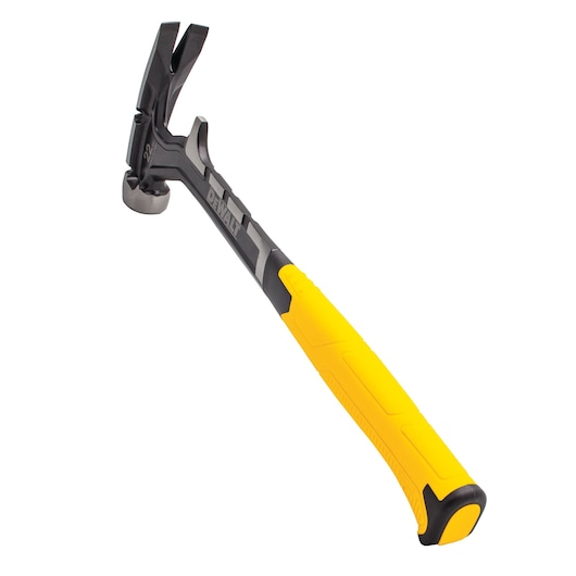 DEWALT claw hammer with yellow and black handle, angled for display on a white background.