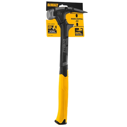 DEWALT demolition hammer with yellow and black handle, labeled 22oz, features board-gripping jaw and curved claw.