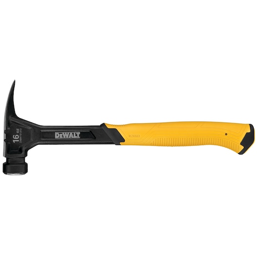 DEWALT claw hammer with black metal head and yellow handle, 16 oz, shown on white background.