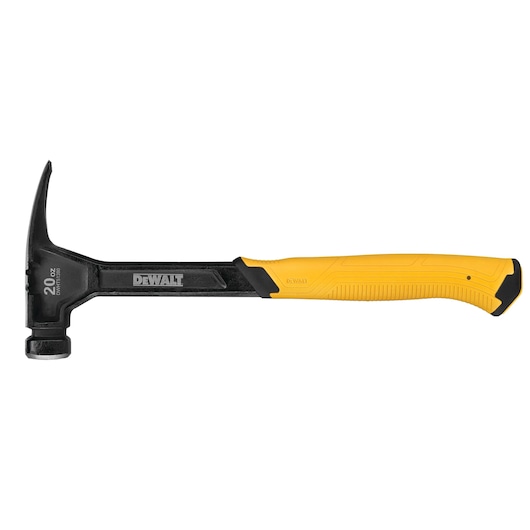 DEWALT claw hammer with yellow handle and black head, 20 oz size, shown on white background.