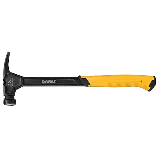 DEWALT hammer with black head and claw, yellow ergonomic handle, 22 oz weight, shown on white background.