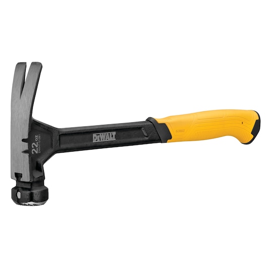 DEWALT claw hammer with yellow and black handle, 22 oz, designed for carpentry and construction tasks.
