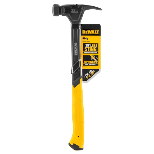 DEWALT 624g framing hammer with black head, yellow handle, and label highlighting improved grip and reduced fatigue.