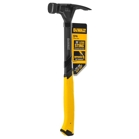 DEWALT claw hammer with yellow handle and product tag showing reduced vibration and improved grip durability.