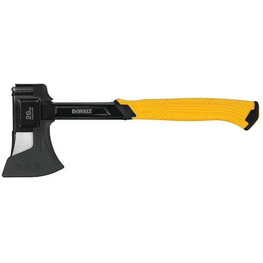 DEWALT hatchet with a yellow ergonomic handle and black blade, shown on a white background.