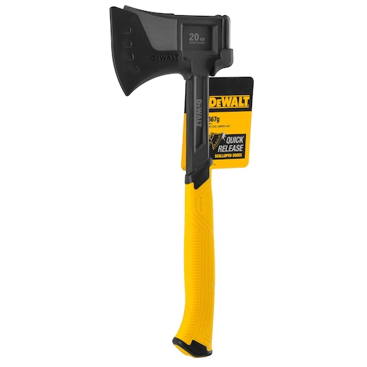 DEWALT yellow and black camp axe with ergonomic handle and quick release label, model DWHT51387-0.
