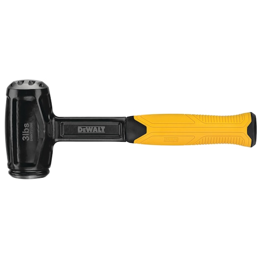 DEWALT black and yellow mallet hammer, 3 lbs, with ergonomic handle, shown on a white background.