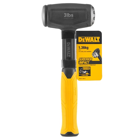 DEWALT 3lb drilling hammer with yellow and black handle and attached product info tag displaying weight and features.