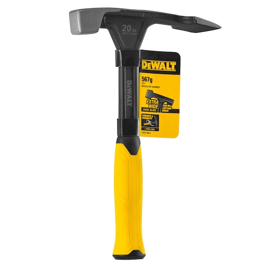 DEWALT bricklayer hammer with yellow handle and product tag showing specifications, 20 oz, 567g.