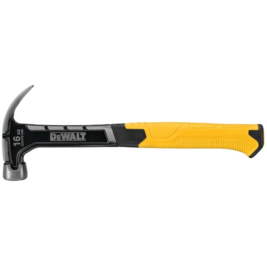 DEWALT 16oz claw hammer with yellow and black handle, side view, model DWHT51439-0.