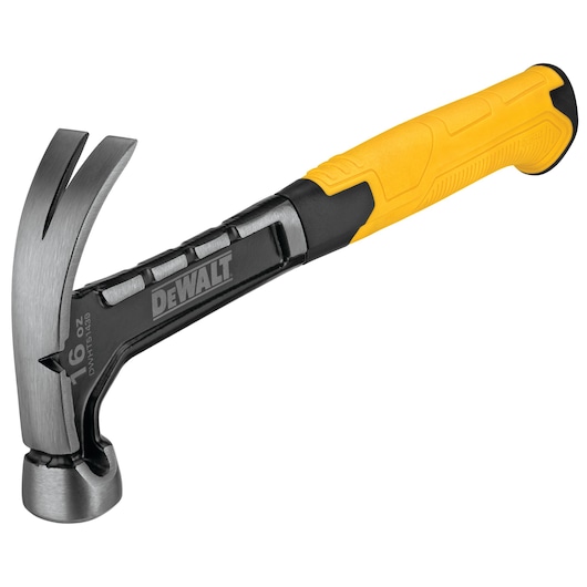 DEWALT claw hammer with yellow handle and steel head, suitable for construction or carpentry tasks.