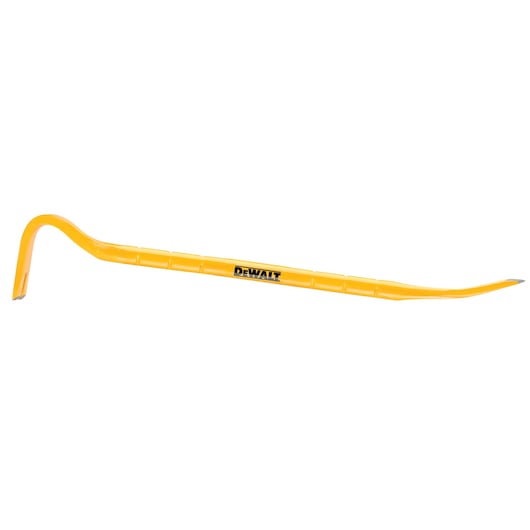 Yellow DEWALT pry bar tool with angled and flat ends for construction and demolition tasks.