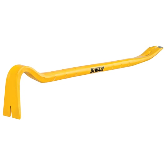 Yellow DEWALT wrecking bar with angled ends, used for demolition and prying tasks.