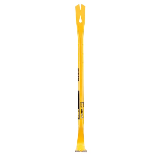 DEWALT yellow demolition pry bar with flat claw ends, model DWHT55129-1, shown on a white background.