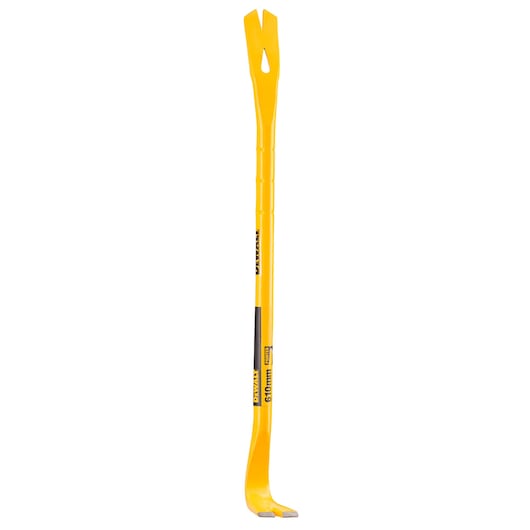Yellow DEWALT wrecking bar with two pronged ends, 910mm long, shown upright on a white background.