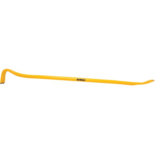 Yellow DEWALT pry bar with curved ends, used for demolition and removing nails or boards.
