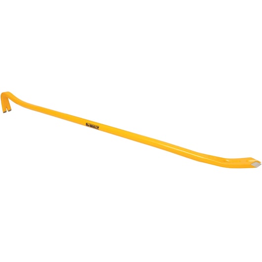 Yellow DEWALT pry bar with angled ends for demolition and nail removal.
