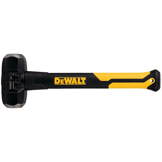 DEWALT sledgehammer with black and yellow handle, shown in side view on a white background.