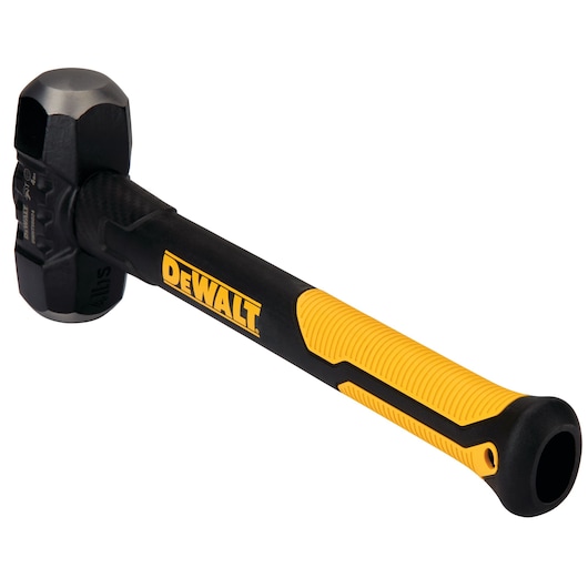 DEWALT black and yellow sledgehammer with textured handle and sturdy metal head on white background.