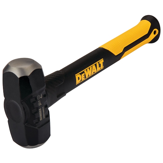 DEWALT sledgehammer with a yellow and black grip, heavy-duty steel head and ergonomic handle design.