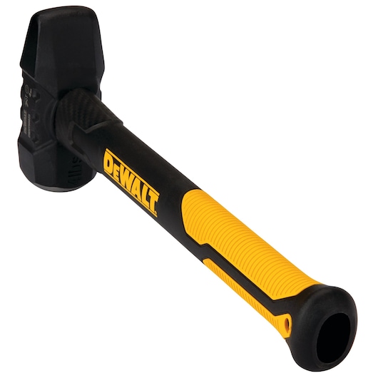 DEWALT black and yellow sledge hammer with a textured grip and solid metal head, angled view.
