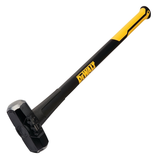 A DEWALT sledgehammer with a black and yellow handle and a solid metal head, shown on a white background.