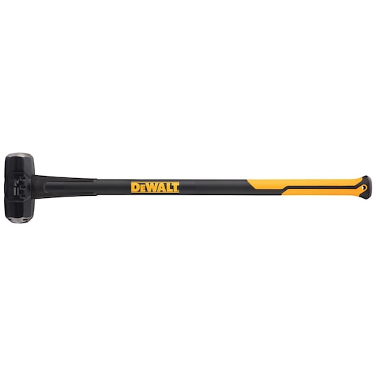 DEWALT sledgehammer with a long black and yellow handle and a solid metal head, shown against a white background.