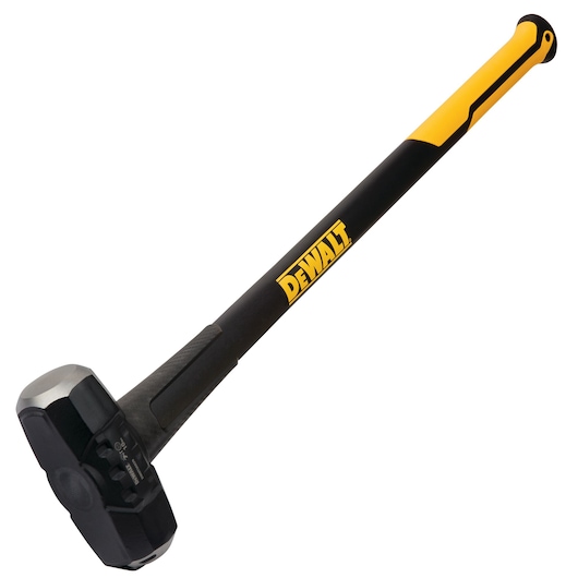 DEWALT sledgehammer with long black and yellow handle and heavy metal head on white background.