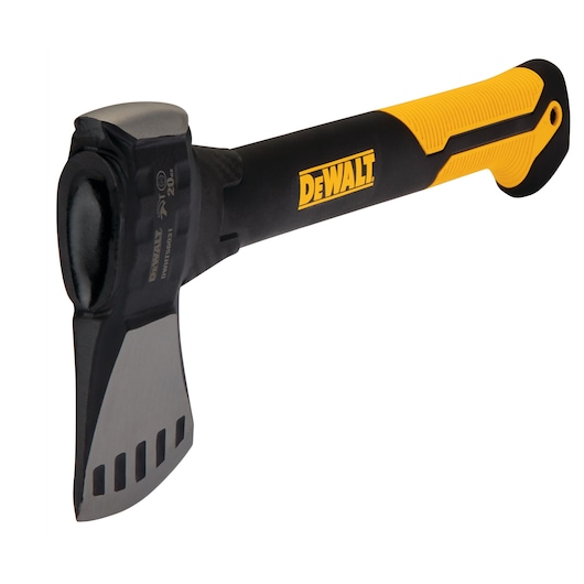 DEWALT hand axe with black and yellow handle and metal blade, designed for chopping tasks.