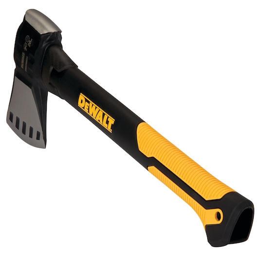 DEWALT axe with black and yellow handle, sharp metal blade, and ergonomic design for outdoor and work use.