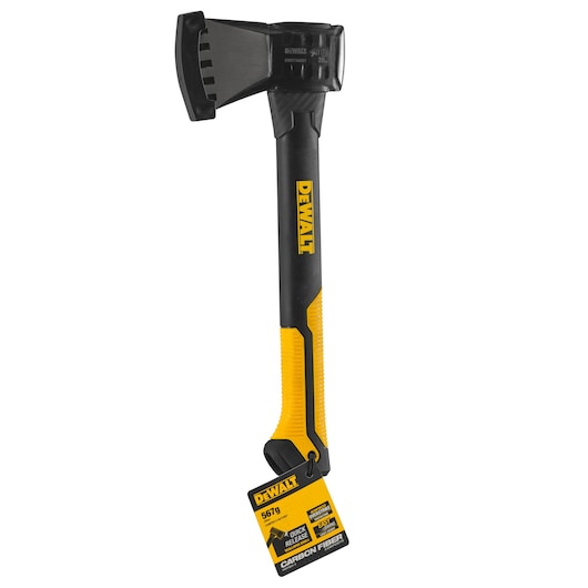 DEWALT axe with black and yellow handle and attached product tag, shown upright on a white background.