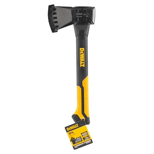DEWALT black and yellow hatchet with a tag attached to the handle, shown on a white background.