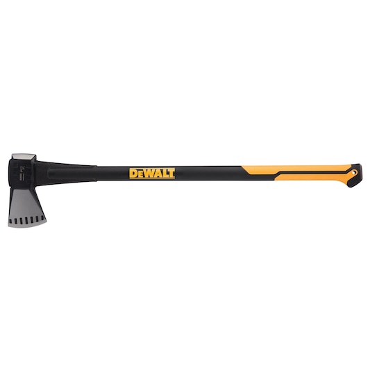 DEWALT axe with black and yellow handle, steel head, designed for heavy-duty cutting and splitting tasks.