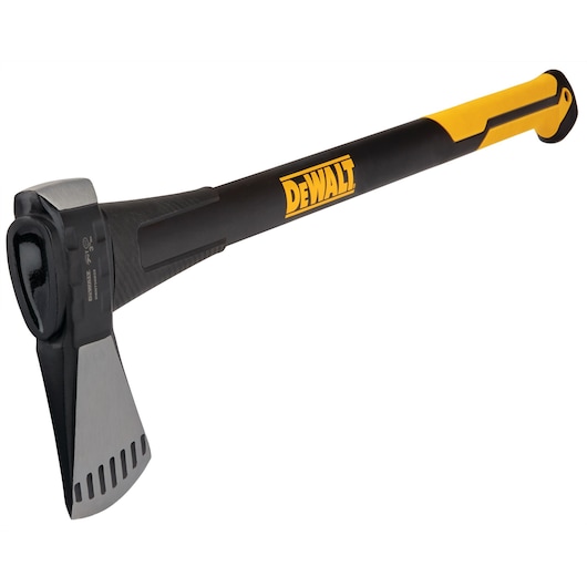 DEWALT splitting axe with a black and yellow handle and silver blade, designed for heavy-duty wood cutting tasks.