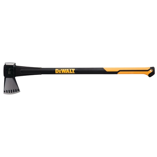 DEWALT splitting axe with a black and yellow handle and metal blade, designed for heavy-duty wood splitting tasks.