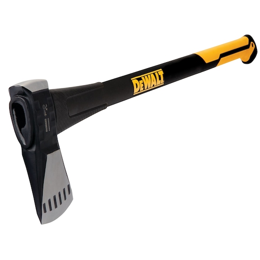 DEWALT splitting axe with a black and yellow handle and steel blade, shown on a white background.